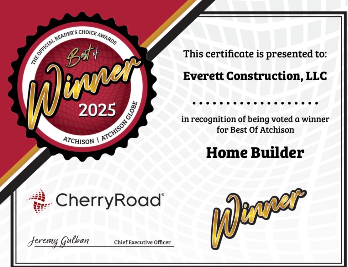 Best of Atchison 2025 Reader's Choice Award certificate presented to Everett Construction LLC for Home Builder